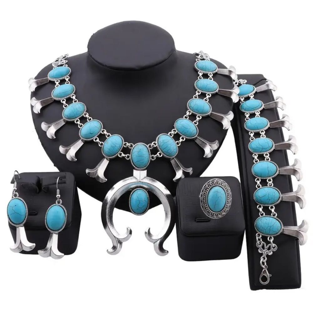 Silver-Tone Turquoise Statement Necklace Set - Women Jewelry